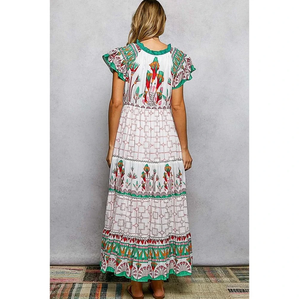 POL Hand Block Printed Cotton‎ Tiered Midi Dress Flutter Sleeve Floral MEDIUM
